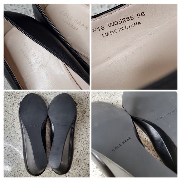 Cole Haan Grand OS Black Leather Closed Round Toe Gold Buckle Wedge Heel✨️9B - Picture 9 of 15